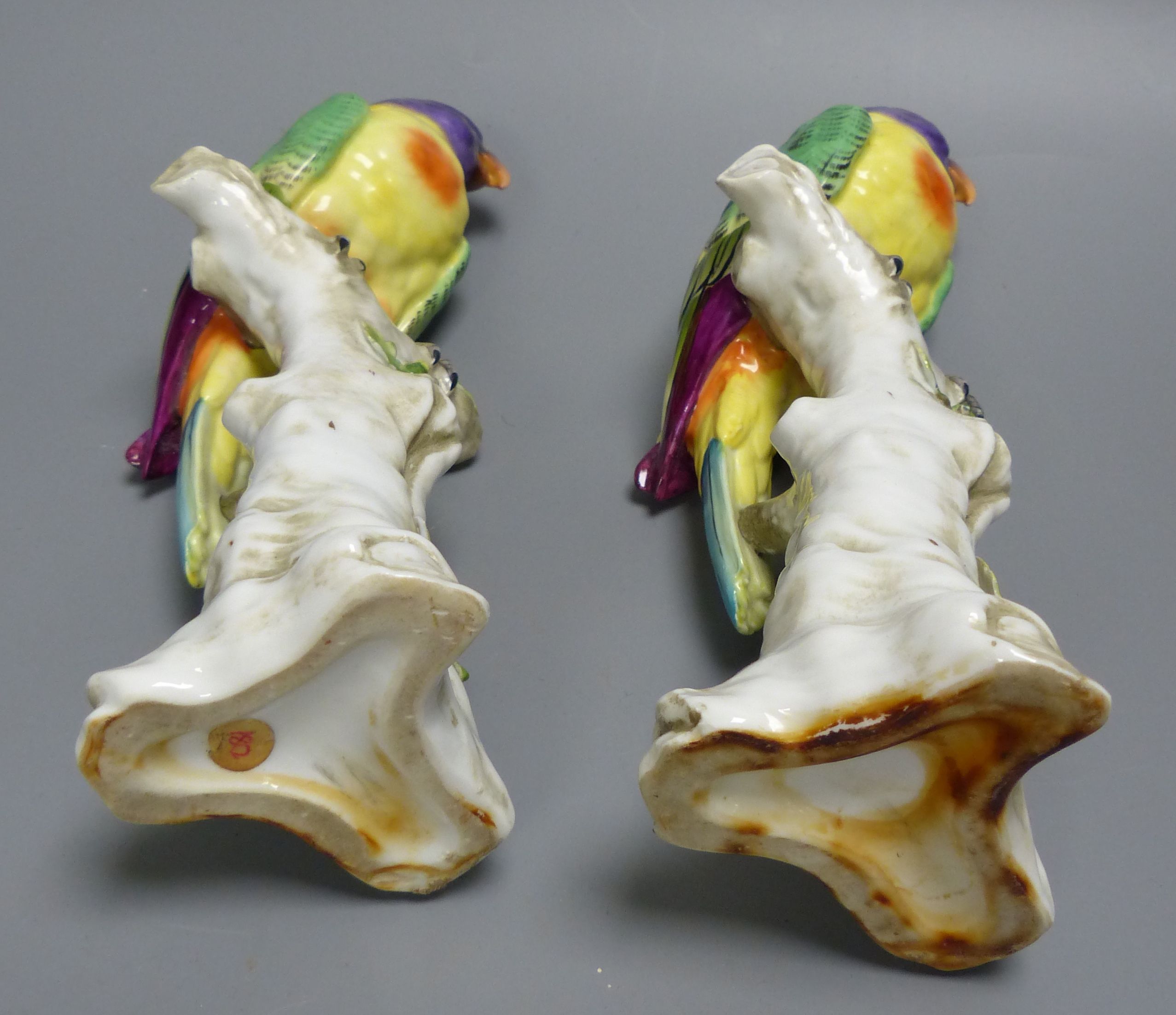 Two Continental porcelain models of parakeets, height 23.5cm